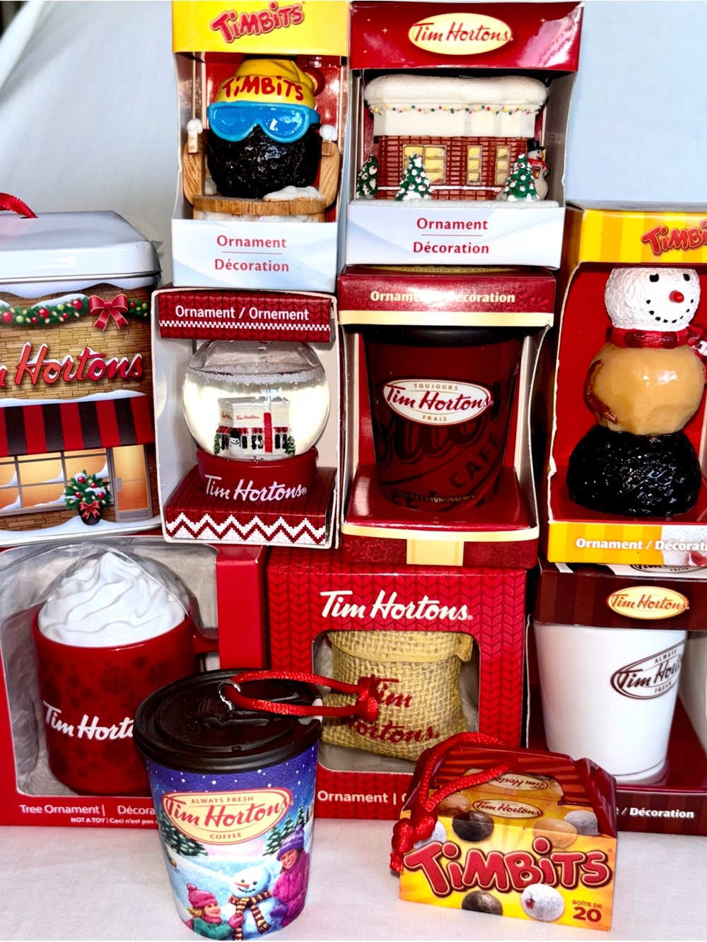 Tim Horton’s Christmas Ornaments Lot 11 Timbits Mug Coffee Bean Sack Snow Globe